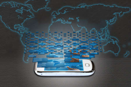 mobile phone world atlas bottom and defragmented touchscreenの写真素材