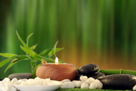 green leaf with natural water drops candles with colored stonesの写真素材