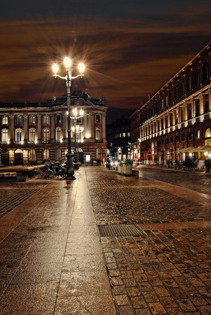 central toulouse street at night in winter