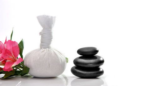 objects such as stones massage oils, scented sachets, etc.の写真素材