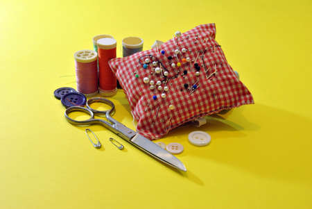 AS OBJECTS VARIOUS SEWING THREAD AND PINS SCISSORSの写真素材