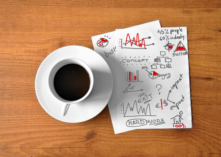 coffee with digital tablet and analytical paper business