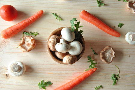 Aerial photo of shitake with mushrooms on wooden table