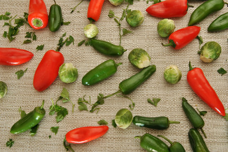 red pepper with green pepper and brussels sprouts