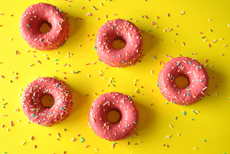 pink donuts with chocolate pieces on yellow backgroundの写真素材