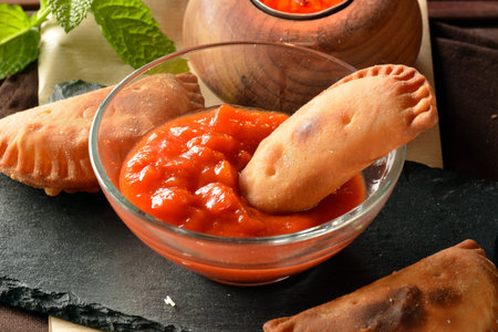 homemade tuna patty with tomato sauce on wooden tableの写真素材