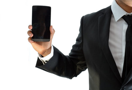 BUSINESSMAN USING YOUR SMARTPHONE TO SEE SEVERAL OPTIONS