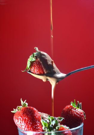 Spoon with strawberry, falling a little chocolate liquidの写真素材