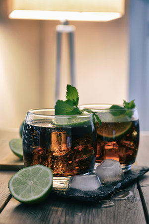 cocktail cuba libre, composite of rum, lime and cokeの写真素材
