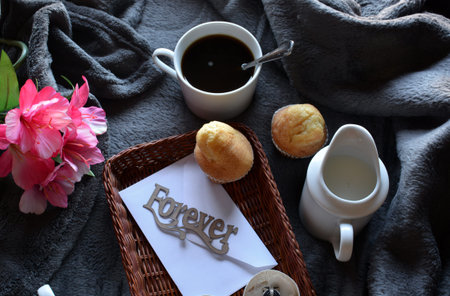 love letter with gift of ring and breakfast in bed for Valentine's dayの写真素材