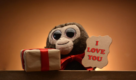 Teddy bear with LOVE wood and a gift for Valentine Day lyricsの写真素材