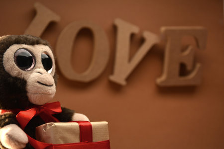 Teddy bear with LOVE wood and a gift for Valentine Day lyricsの写真素材