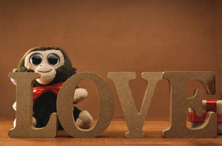 Teddy bear with LOVE wood and a gift for Valentine Day lyricsの写真素材