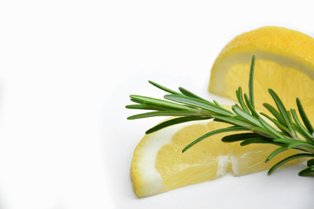 branch of Rosemary accompanied of chunks of lemonの写真素材