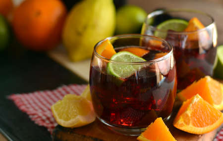 glass and pitcher of ice cold Sangriaの写真素材