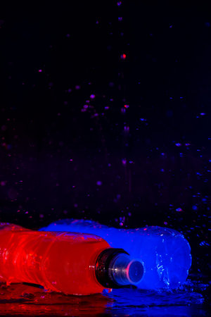 Isotonic drinks for sportsmen, on background black and punctuated by jets of waterの写真素材