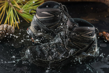 Black hiking boots, wet by a puddle of water on the mountainの写真素材