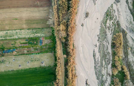 Aerial views of several fields of crops in a spring sunsetの写真素材