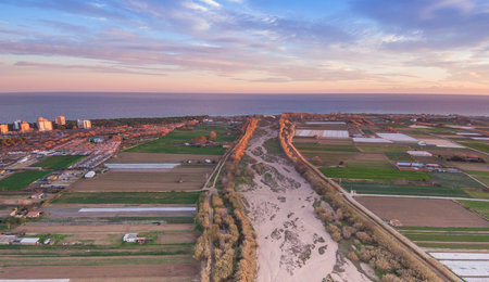 Aerial views of several fields of crops in a spring sunset