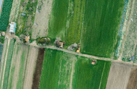 Aerial views of several fields of crops in a spring sunsetの写真素材