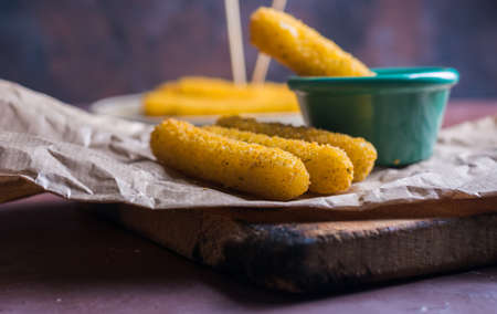Mozzarella sticks coated with hot sauce. Aperitif to accompany mealsの写真素材
