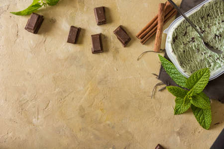 rustic table with homemade mint and chocolate ice creamの写真素材