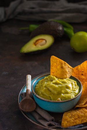 Plate of homemade guacamole with nachos. Typical dish of the mexican food
