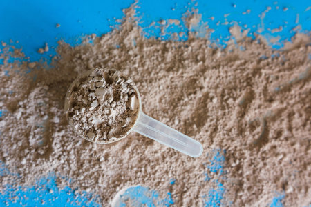 Whey protein shake with chocolate flavor. Basic food for fitness athletesの写真素材