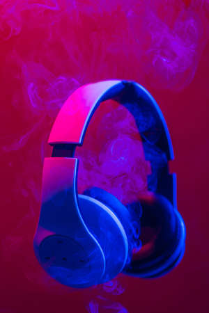 Headphones to listen to music with stereo sound.の写真素材