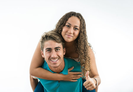 Friend and friend with positive expressions and celebrating their successesの写真素材