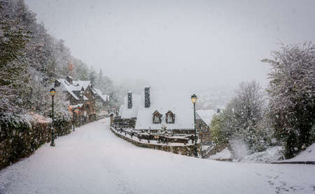 Typical village of the Pyrenees, where the first snowfalls are already falling in autumn.の写真素材