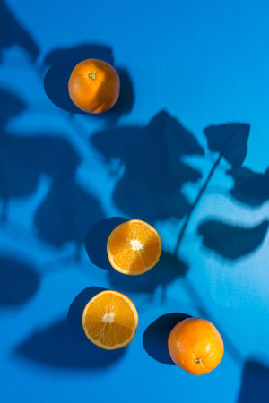 Oranges on a blue background with shadows of leavesの写真素材