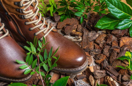 Real leather boots for men. Waterproof boots for walking in the mountains. Hard bootsの写真素材