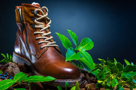 Real leather boots for men. Waterproof boots for walking in the mountains. Hard bootsの写真素材
