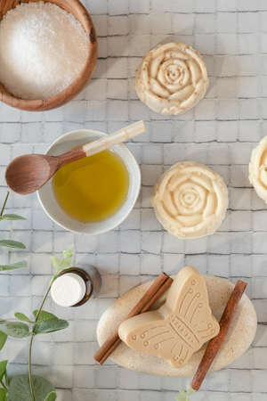 Natural homemade soap made with caustic soda, oil and scented essential oils.の写真素材