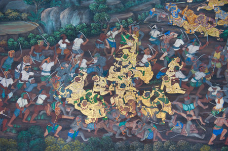Traditional Thai style painting on the temple wallのeditorial素材