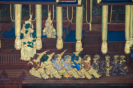 Traditional Thai style painting on the temple wallのeditorial素材