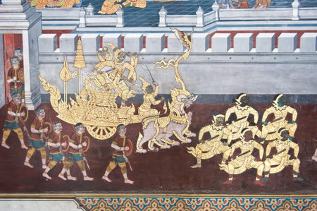 Traditional Thai style painting on the temple wall