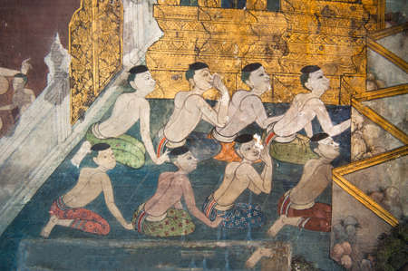 Traditional Thai style painting on the temple wallのeditorial素材