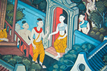 Traditional Thai style painting on the temple wallのeditorial素材
