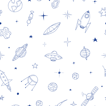 Seamless space pattern in doodle style.のイラスト素材