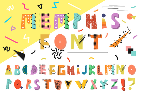 Memphis alphabet. Colorful funny font. Fashion 80s-90.のイラスト素材