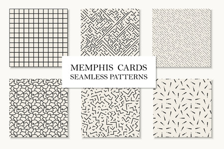 Collection of seamless memphis geometric patterns, cards. Trendy repetitive backgrounds. Retro fashion style 80 - 90s.のイラスト素材