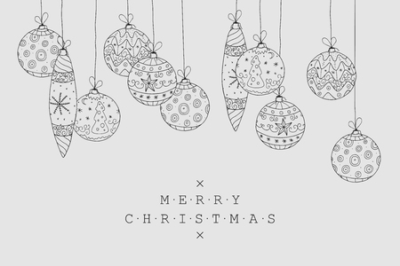 Christmas holiday card background. Collection of xmas decoration in doodle style. Hand drawn balls designのイラスト素材