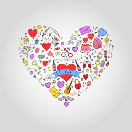 Abstract colorful heart with valentines day doodle elements. Holiday card, backgroundのイラスト素材