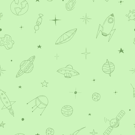 Vector seamless decorative pattern with elements of space illustration, doodle style, hand drawn design.のイラスト素材