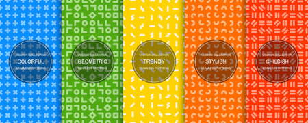 Set of simple seamless geometric patterns - bright colorful minimalistic design. Vibrant vector backgrounds.のイラスト素材