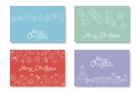 Collection of vector colorful hand drawn Merry Christmas cards. Winter holiday beautiful backgrounds with calligraphy lettering. Also you can use it like poster, banner or postcard for your design.のイラスト素材
