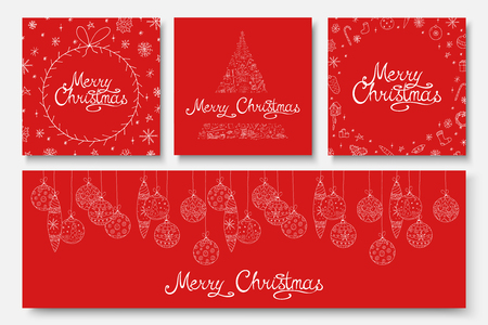 Collection of vector beautiful Merry Christmas cards - hand drawn design. Winter holiday red backgrounds with calligraphy lettering and doodle elements.のイラスト素材
