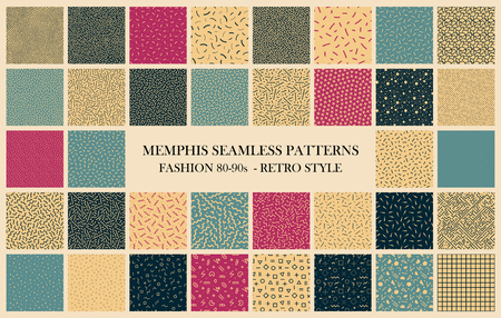 Vector collection of Memphis seamless patterns. Retro design - fashion 80-90s. Color textures - trendy backgroundsのイラスト素材